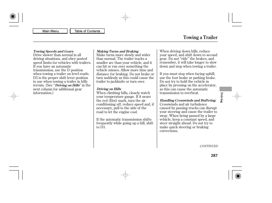 Towing a trailer | HONDA 2010 Accord Coupe User Manual | Page 290 / 404