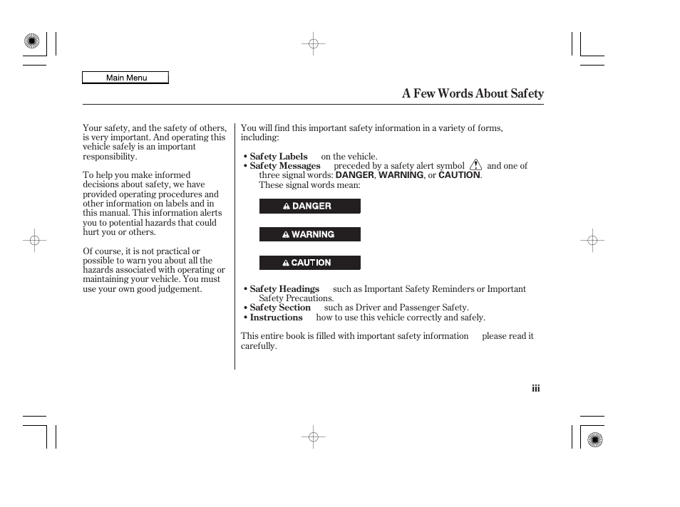 A few words about safety | HONDA 2010 Accord Coupe User Manual | Page 3 / 404