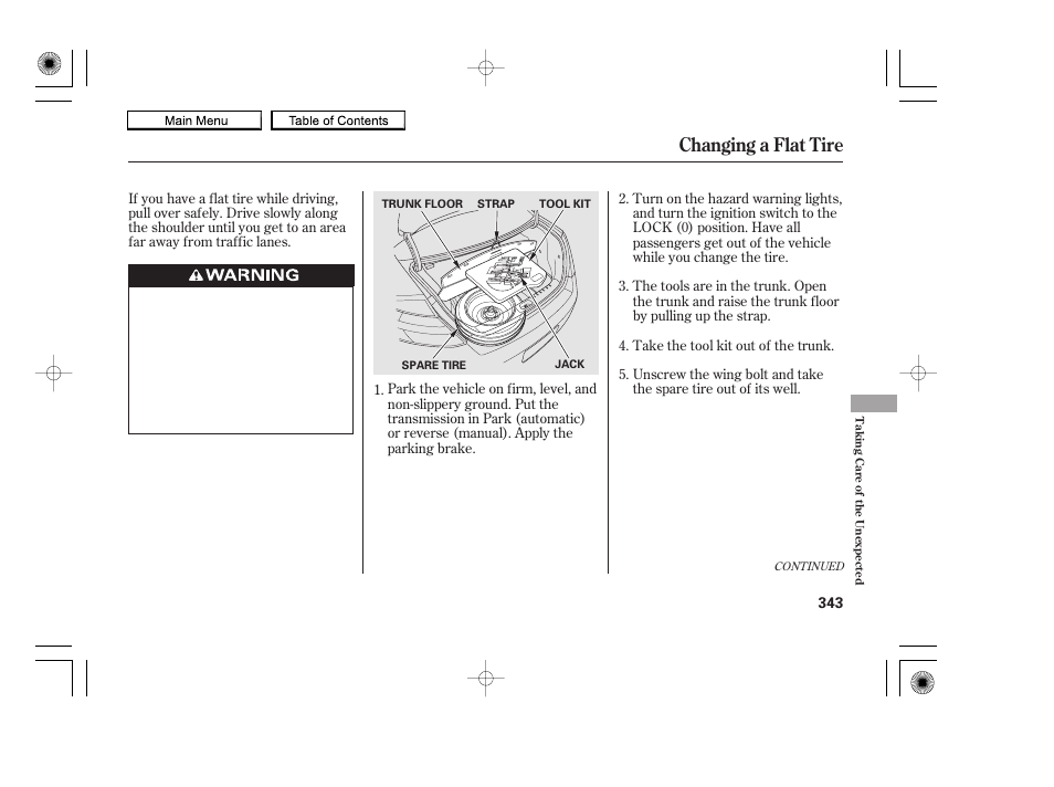 Changing a flat tire, 2010 accord coupe | HONDA 2010 Accord Coupe User Manual | Page 346 / 404