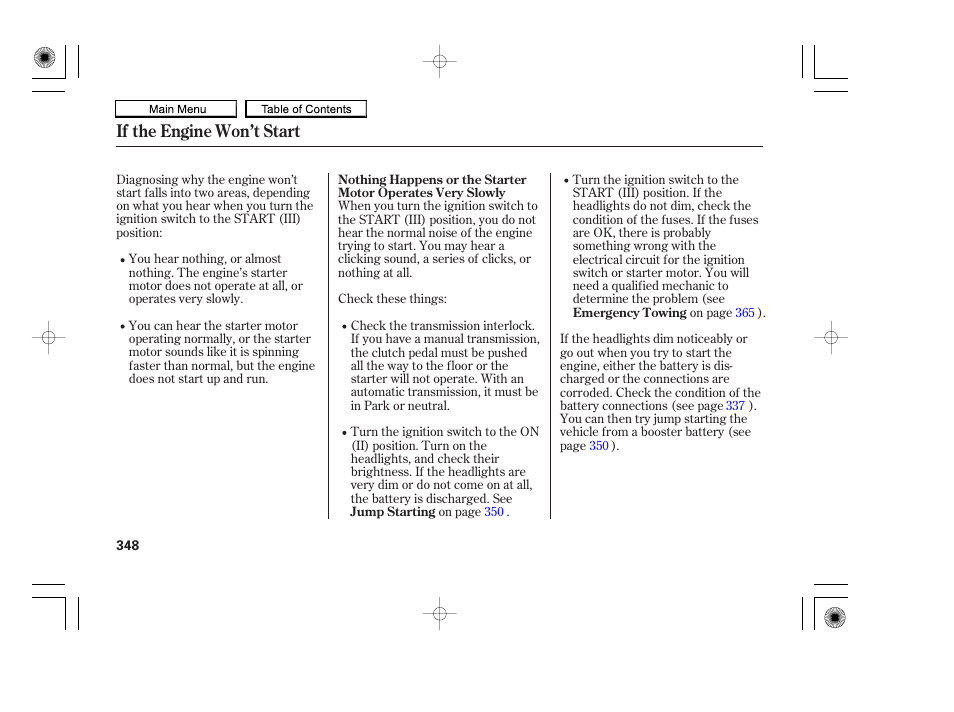 If the engine won’t start | HONDA 2010 Accord Coupe User Manual | Page 351 / 404