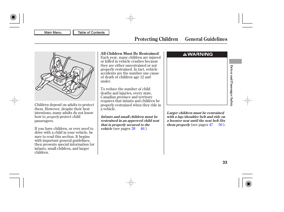 Protecting children general guidelines | HONDA 2010 Accord Coupe User Manual | Page 36 / 404