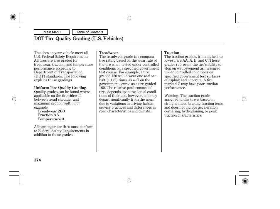 Dot tire quality grading (u.s. vehicles) | HONDA 2010 Accord Coupe User Manual | Page 377 / 404