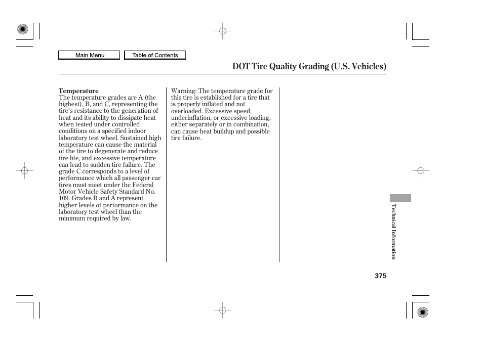 Dot tire quality grading (u.s. vehicles) | HONDA 2010 Accord Coupe User Manual | Page 378 / 404