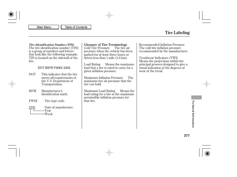 Tire labeling | HONDA 2010 Accord Coupe User Manual | Page 380 / 404