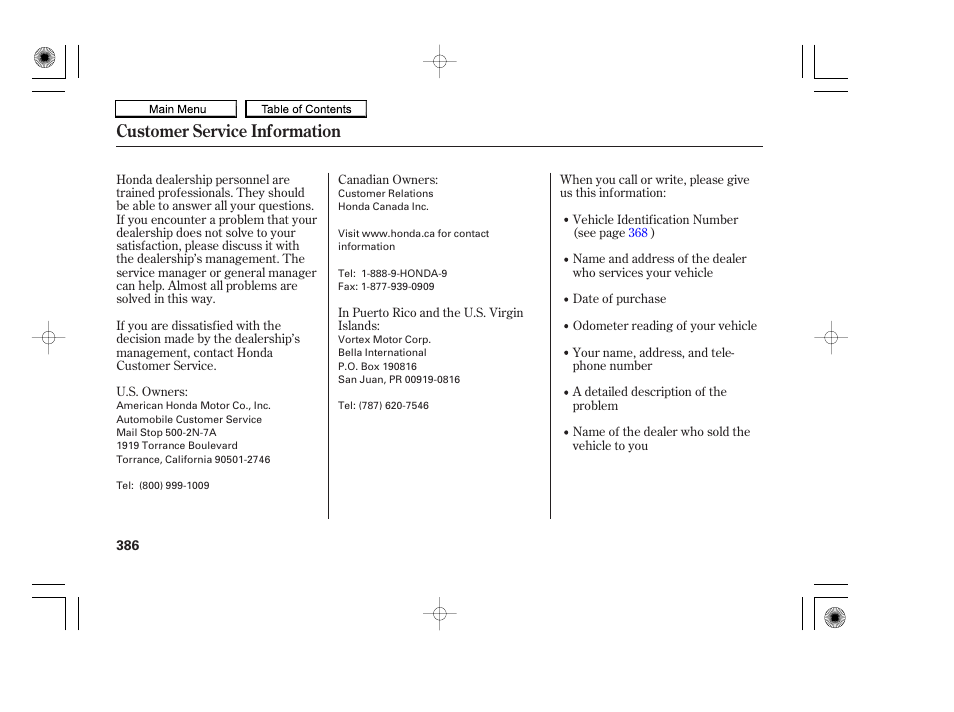 Customer service information | HONDA 2010 Accord Coupe User Manual | Page 389 / 404