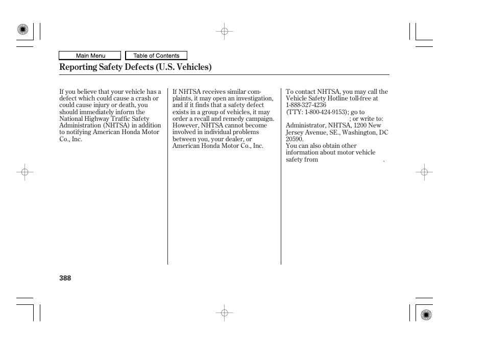 Reporting safety defects (u.s. vehicles) | HONDA 2010 Accord Coupe User Manual | Page 391 / 404