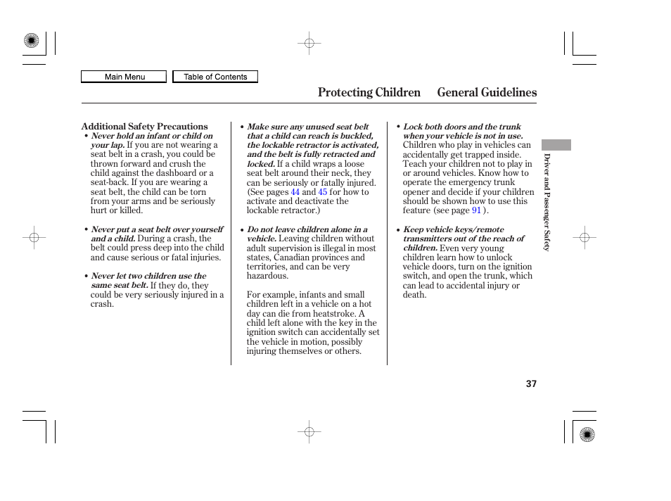 Protecting children general guidelines | HONDA 2010 Accord Coupe User Manual | Page 40 / 404