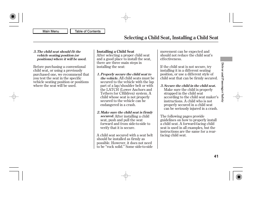 Selecting a child seat, installing a child seat, 2010 accord coupe | HONDA 2010 Accord Coupe User Manual | Page 44 / 404