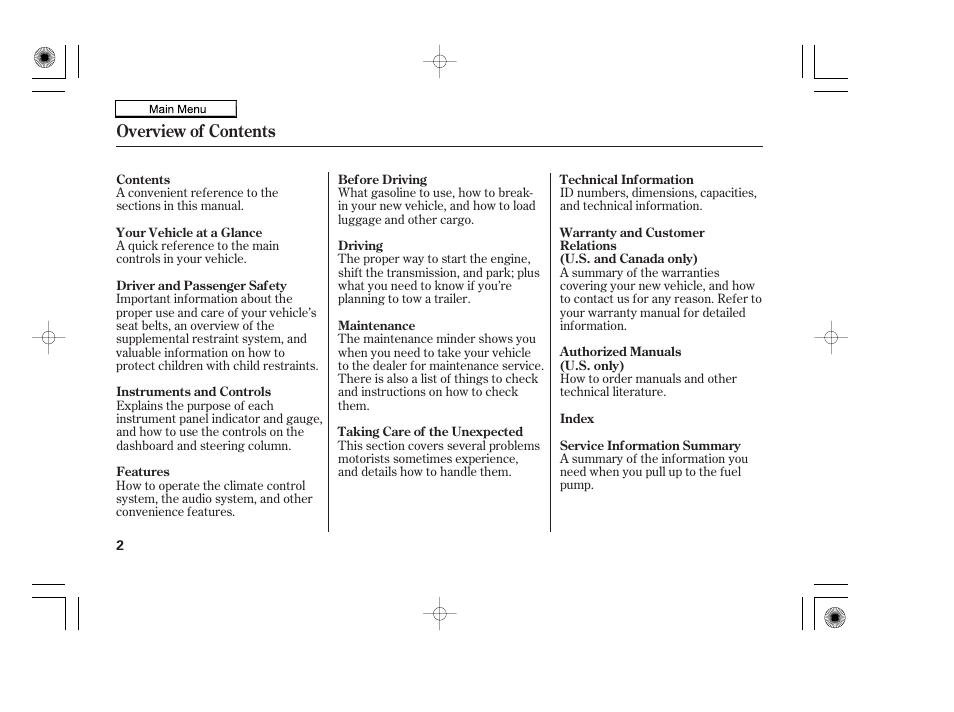 Overview of contents | HONDA 2010 Accord Coupe User Manual | Page 5 / 404