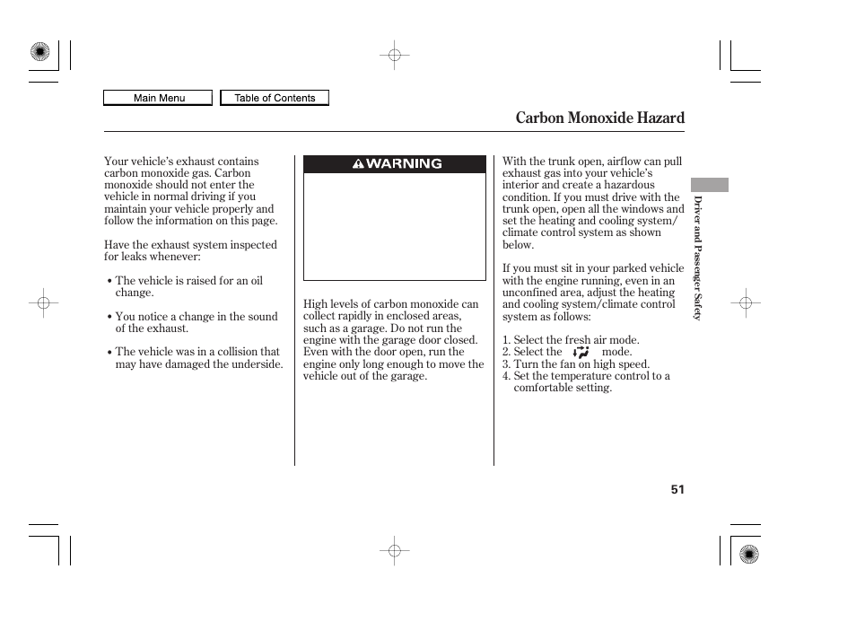 Carbon monoxide hazard | HONDA 2010 Accord Coupe User Manual | Page 54 / 404