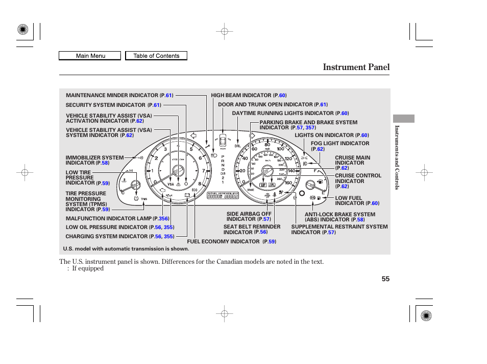 Instrument panel, 2010 accord coupe | HONDA 2010 Accord Coupe User Manual | Page 58 / 404