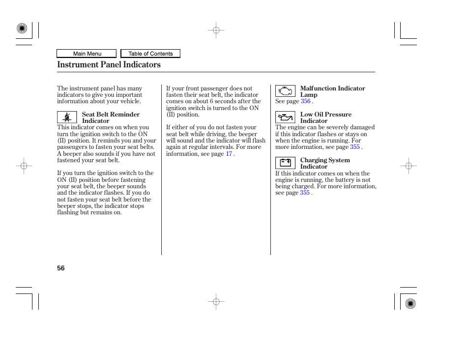 Instrument panel indicators | HONDA 2010 Accord Coupe User Manual | Page 59 / 404