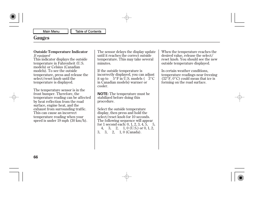 Outside temperature indicator, Gauges | HONDA 2010 Accord Coupe User Manual | Page 69 / 404