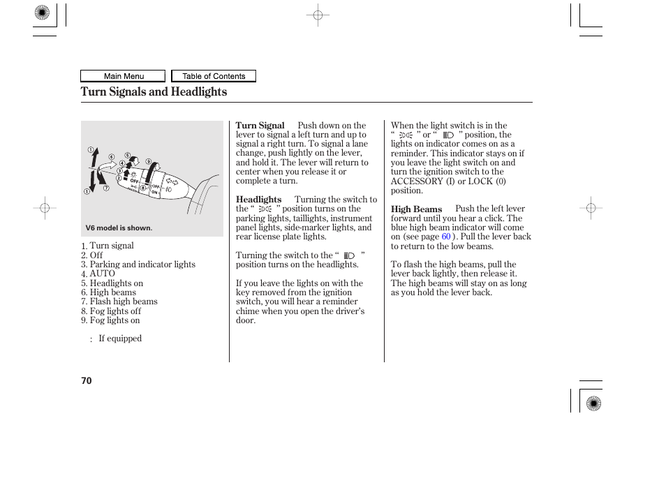Turn signals and headlights | HONDA 2010 Accord Coupe User Manual | Page 73 / 404