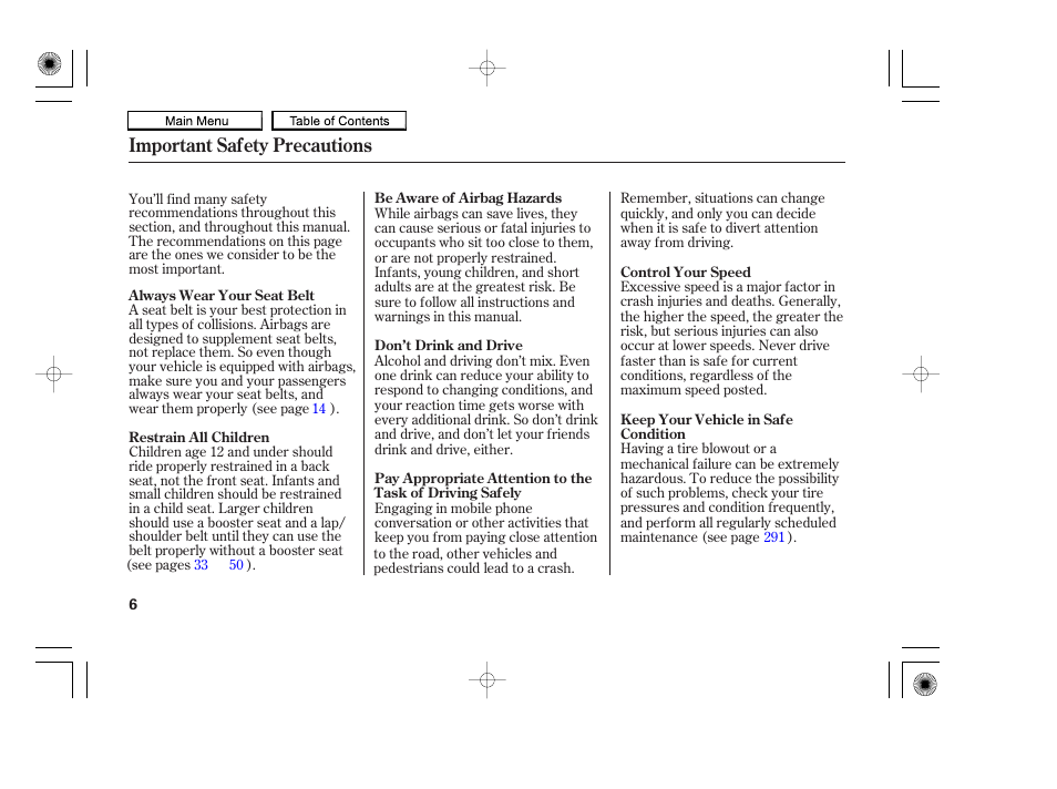 Important safety precautions | HONDA 2010 Accord Coupe User Manual | Page 9 / 404