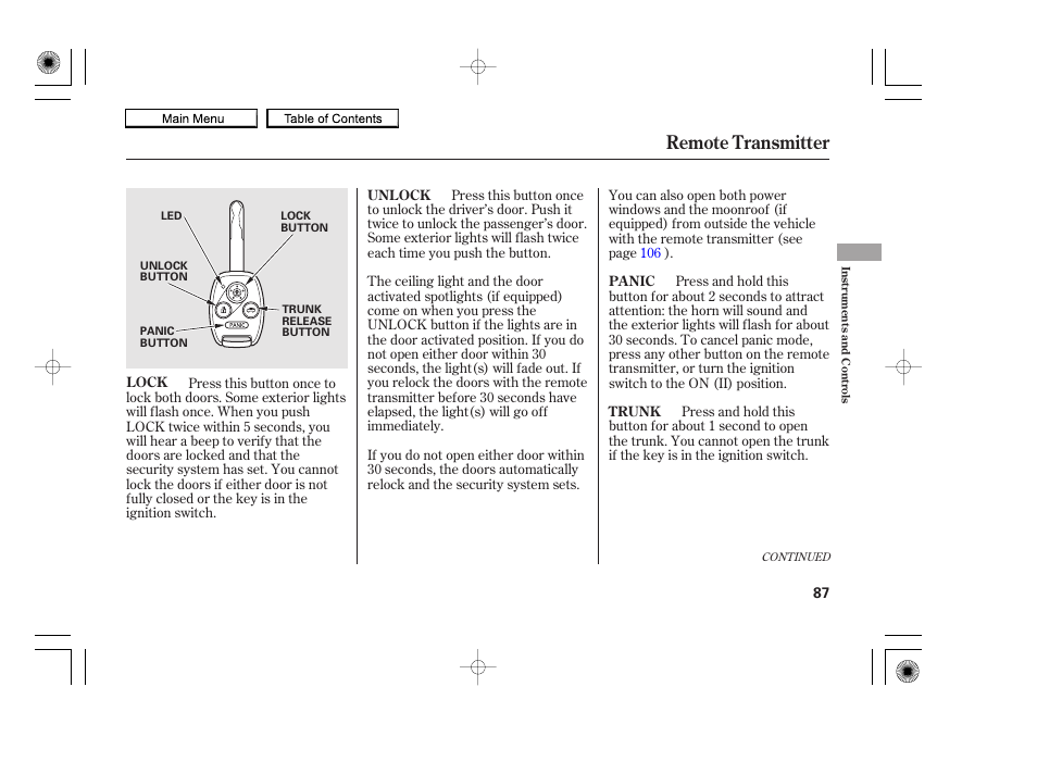 Remote transmitter, 2010 accord coupe | HONDA 2010 Accord Coupe User Manual | Page 90 / 404