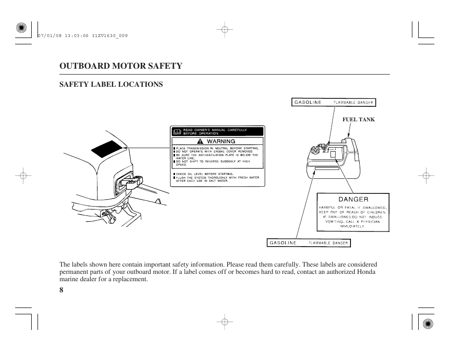 Safety label locations | HONDA Outboard Motor BF5A User Manual | Page 10 / 95