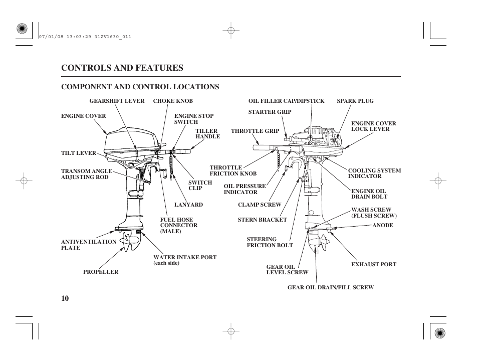 Component and control locations, Controls and features, 10 component and control locations | HONDA Outboard Motor BF5A User Manual | Page 12 / 95