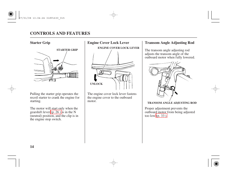 Starter grip, Engine cover lock lever, Transom angle adjusting rod | HONDA Outboard Motor BF5A User Manual | Page 16 / 95