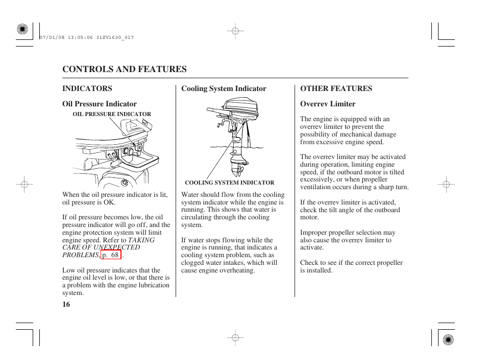 Indicators, Oil pressure indicator, Cooling system indicator | Other features, Overrev limiter | HONDA Outboard Motor BF5A User Manual | Page 18 / 95