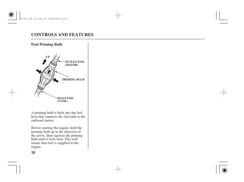 Fuel priming bulb, Controls and features | HONDA Outboard Motor BF5A User Manual | Page 20 / 95