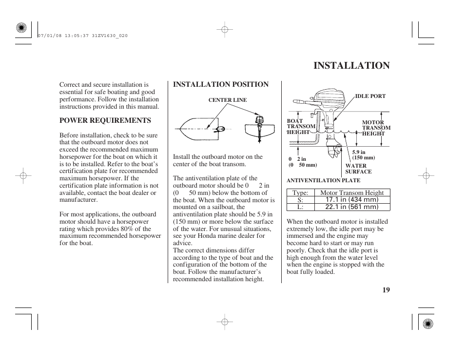 Installation, Power requirements, Installation position | HONDA Outboard Motor BF5A User Manual | Page 21 / 95