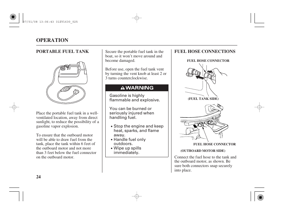 Portable fuel tank, Fuel hose connections, Operation | HONDA Outboard Motor BF5A User Manual | Page 26 / 95
