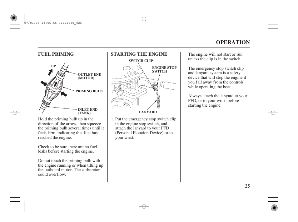 Fuel priming, Starting the engine, Operation | HONDA Outboard Motor BF5A User Manual | Page 27 / 95