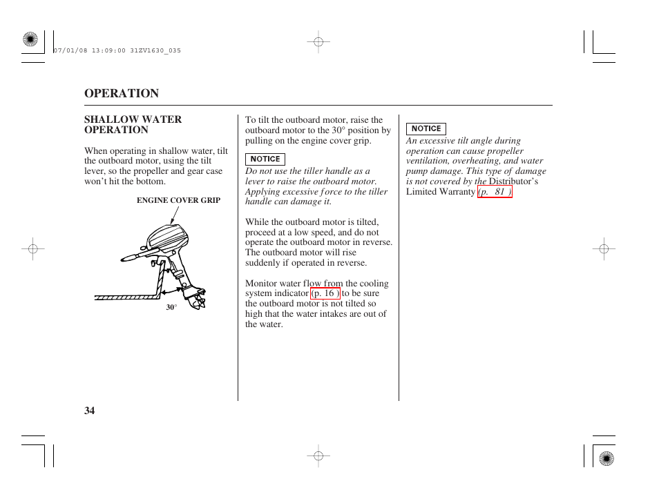 Shallow water operation | HONDA Outboard Motor BF5A User Manual | Page 36 / 95