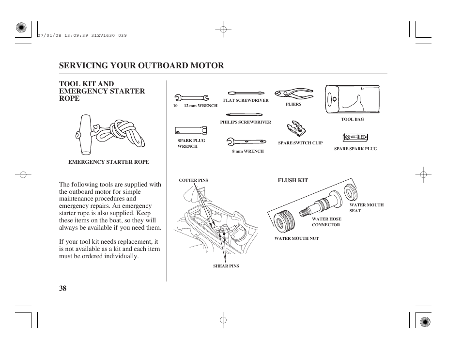 Tool kit and emergency starter rope, Servicing your outboard motor, 38 tool kit and emergency starter rope | HONDA Outboard Motor BF5A User Manual | Page 40 / 95