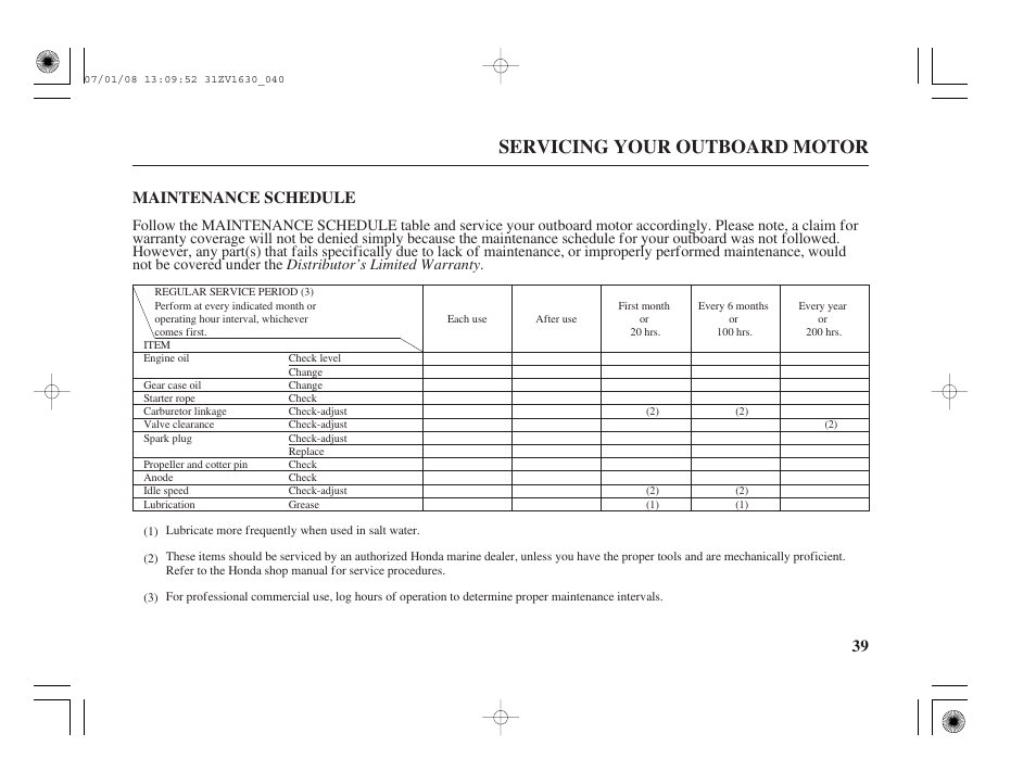 Maintenance schedule, Servicing your outboard motor, 39 maintenance schedule | HONDA Outboard Motor BF5A User Manual | Page 41 / 95