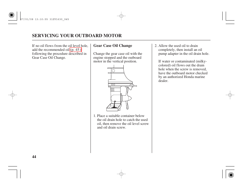 Gear case oil change | HONDA Outboard Motor BF5A User Manual | Page 46 / 95