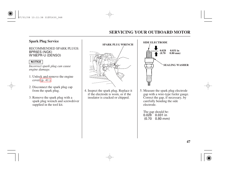 Spark plug service, Servicing your outboard motor | HONDA Outboard Motor BF5A User Manual | Page 49 / 95