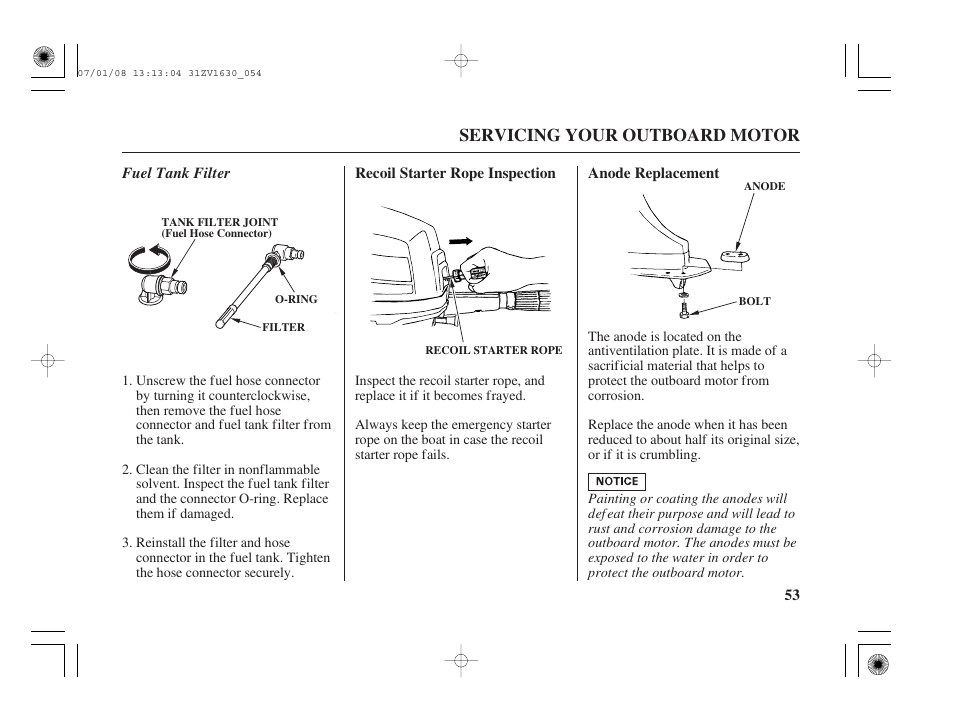 Recoil starter rope inspection, Anode replacement, Servicing your outboard motor | HONDA Outboard Motor BF5A User Manual | Page 55 / 95