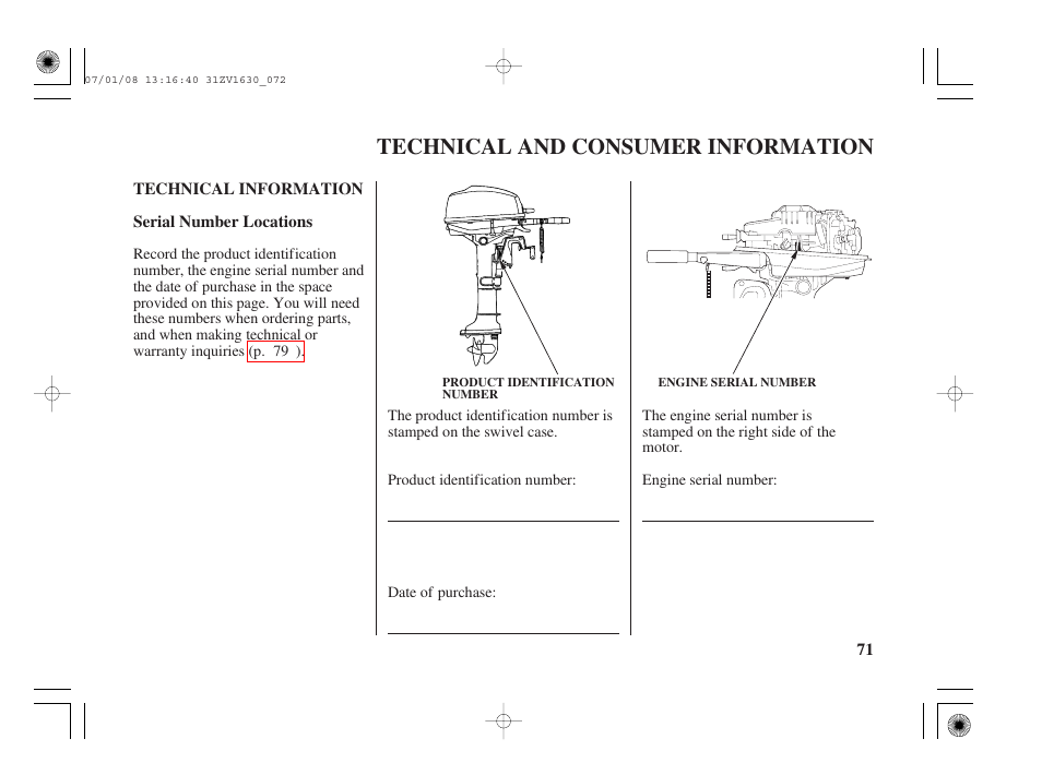 Technical and consumer information, Technical information, Serial number locations | Technical and consumer information . 71 | HONDA Outboard Motor BF5A User Manual | Page 73 / 95