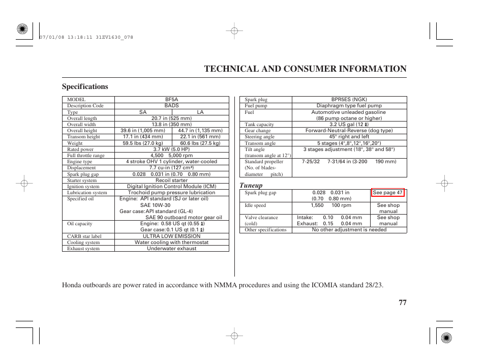 Specifications, Technical and consumer information, 77 specifications | Tuneup | HONDA Outboard Motor BF5A User Manual | Page 79 / 95