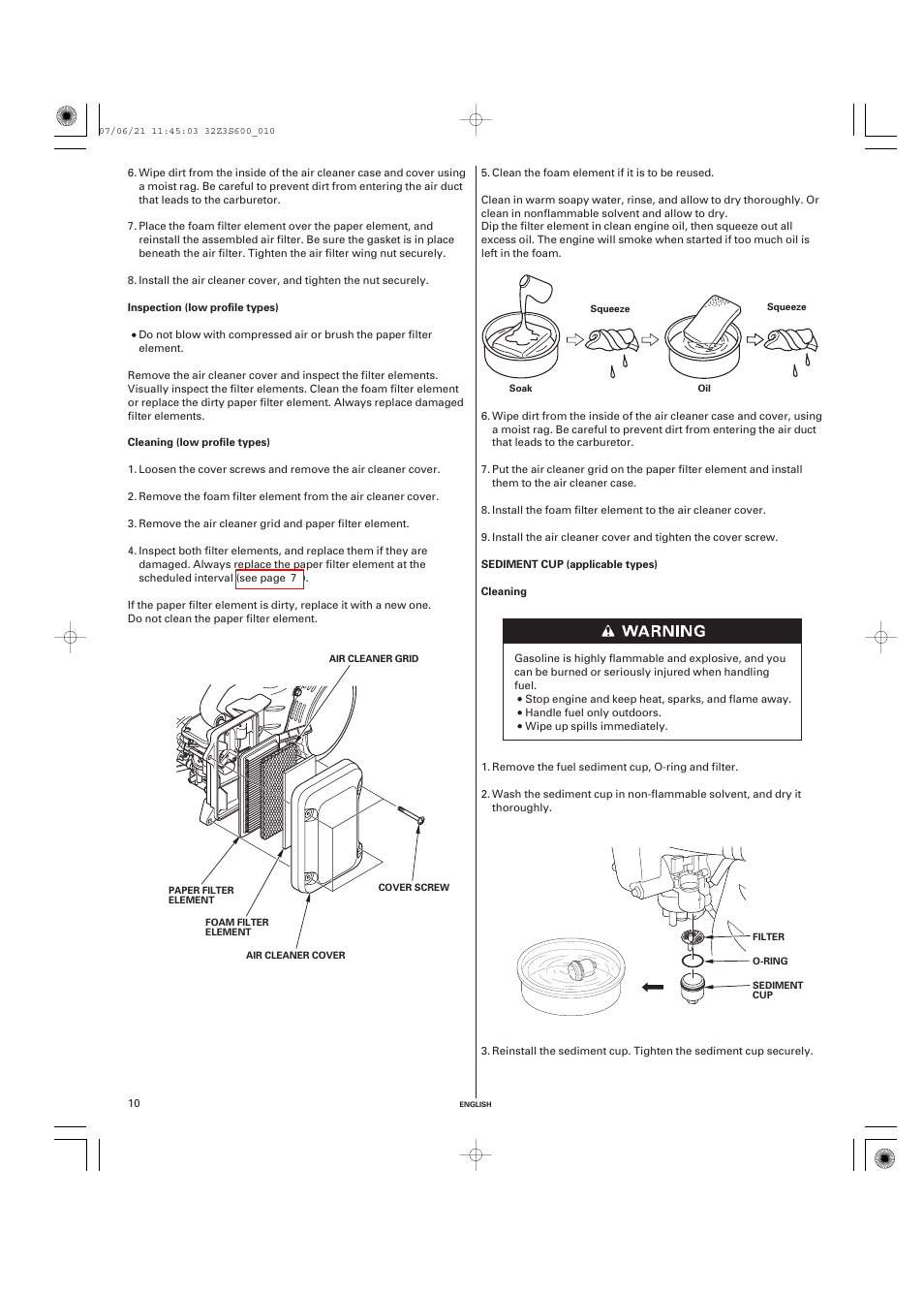 Sediment cup, Cleaning | HONDA IGX440 User Manual | Page 10 / 72
