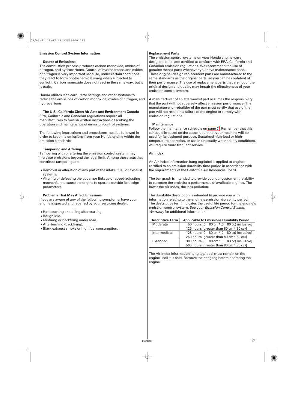 Emission control system information, Air index | HONDA IGX440 User Manual | Page 17 / 72