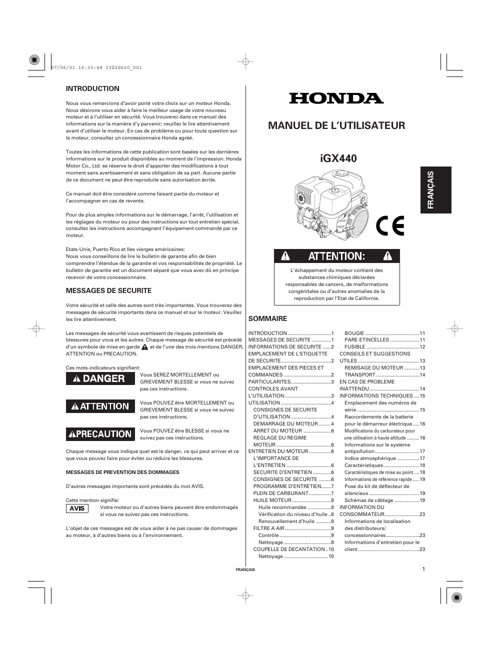 Français, Igx440, Manuel de l’utilisateur | Fr anç a is | HONDA IGX440 User Manual | Page 25 / 72