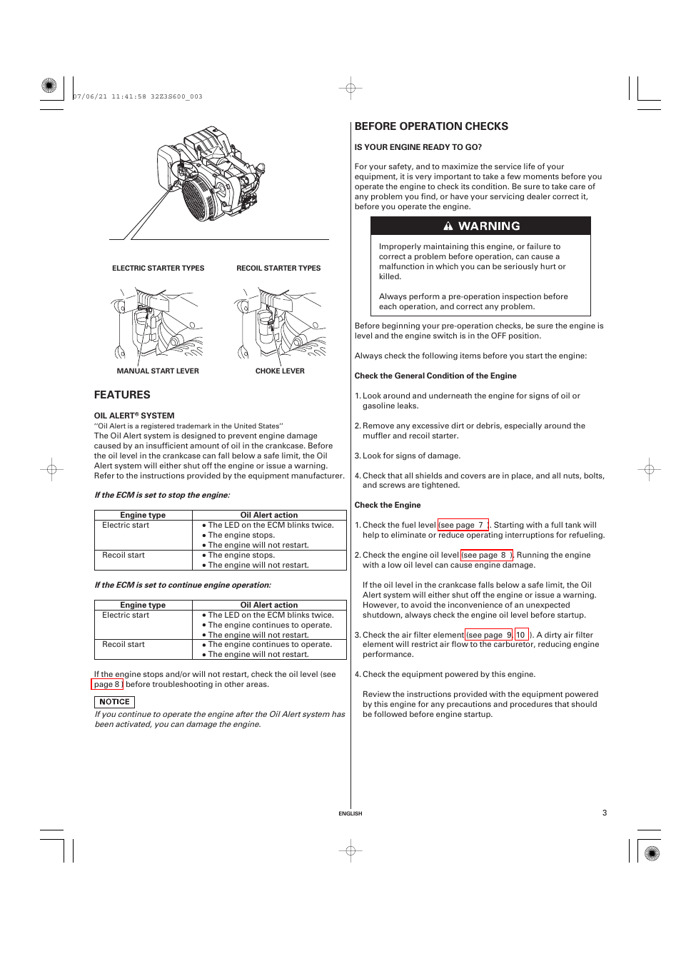 Features, Oil alert system, Before operation checks | Is your engine ready to go, Before operation, Checks, Before operation checks features | HONDA IGX440 User Manual | Page 3 / 72