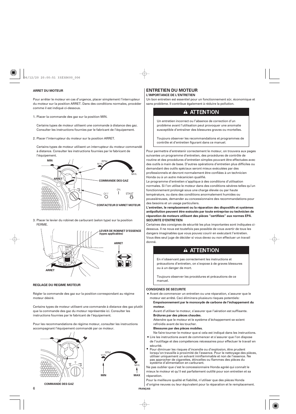 Entretien du moteur | HONDA IGX440 User Manual | Page 30 / 72