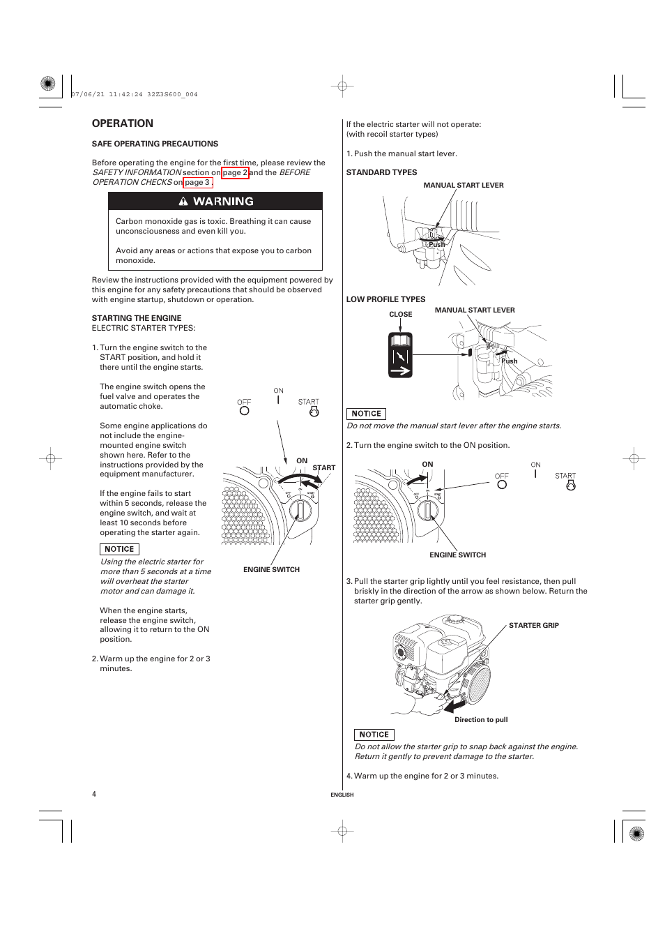 Operation, Safe operating precautions, Starting the engine | HONDA IGX440 User Manual | Page 4 / 72