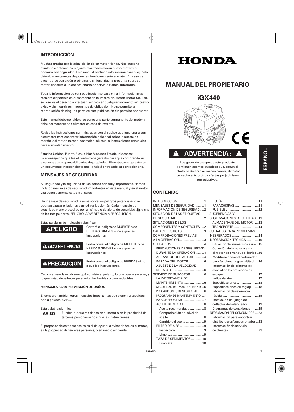 Igx440, Manual del propietario, Español | HONDA IGX440 User Manual | Page 49 / 72