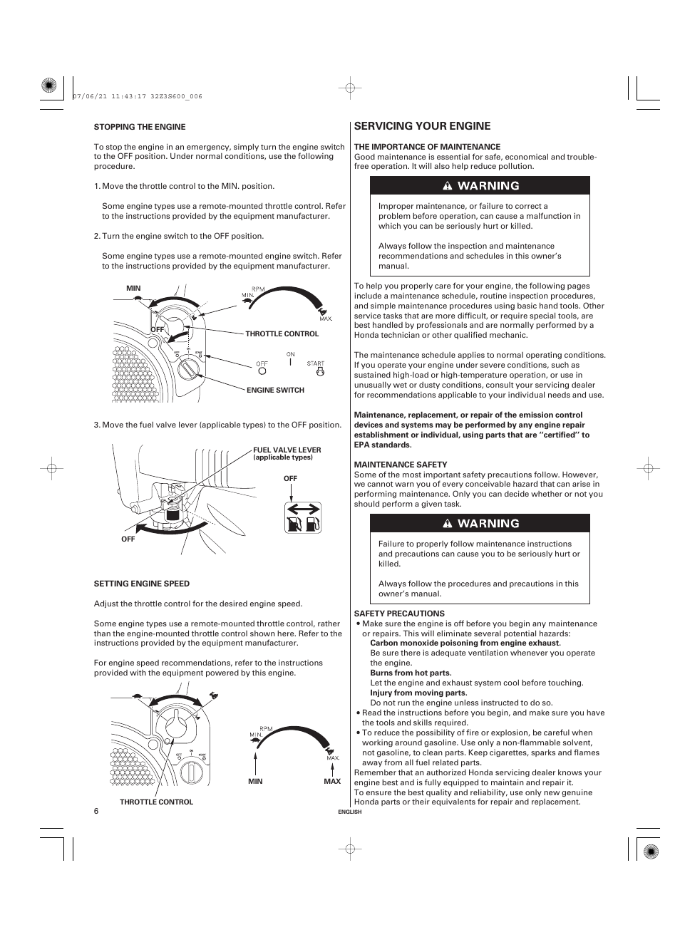 Stopping the engine, Setting engine speed, Servicing your engine | The importance of maintenance, Maintenance safety, Safety precautions | HONDA IGX440 User Manual | Page 6 / 72