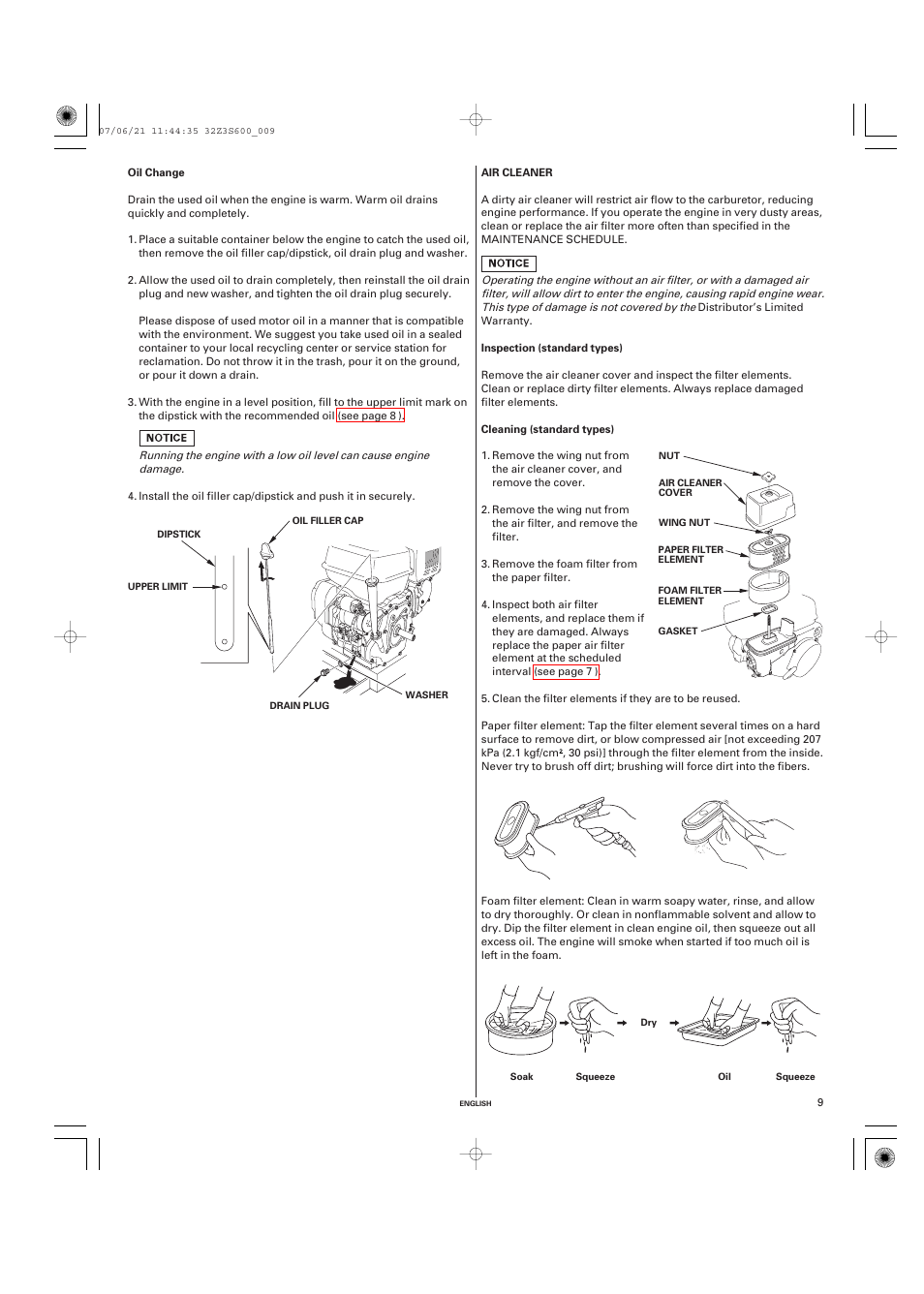 Oil change, Air cleaner, Inspection | Cleaning | HONDA IGX440 User Manual | Page 9 / 72