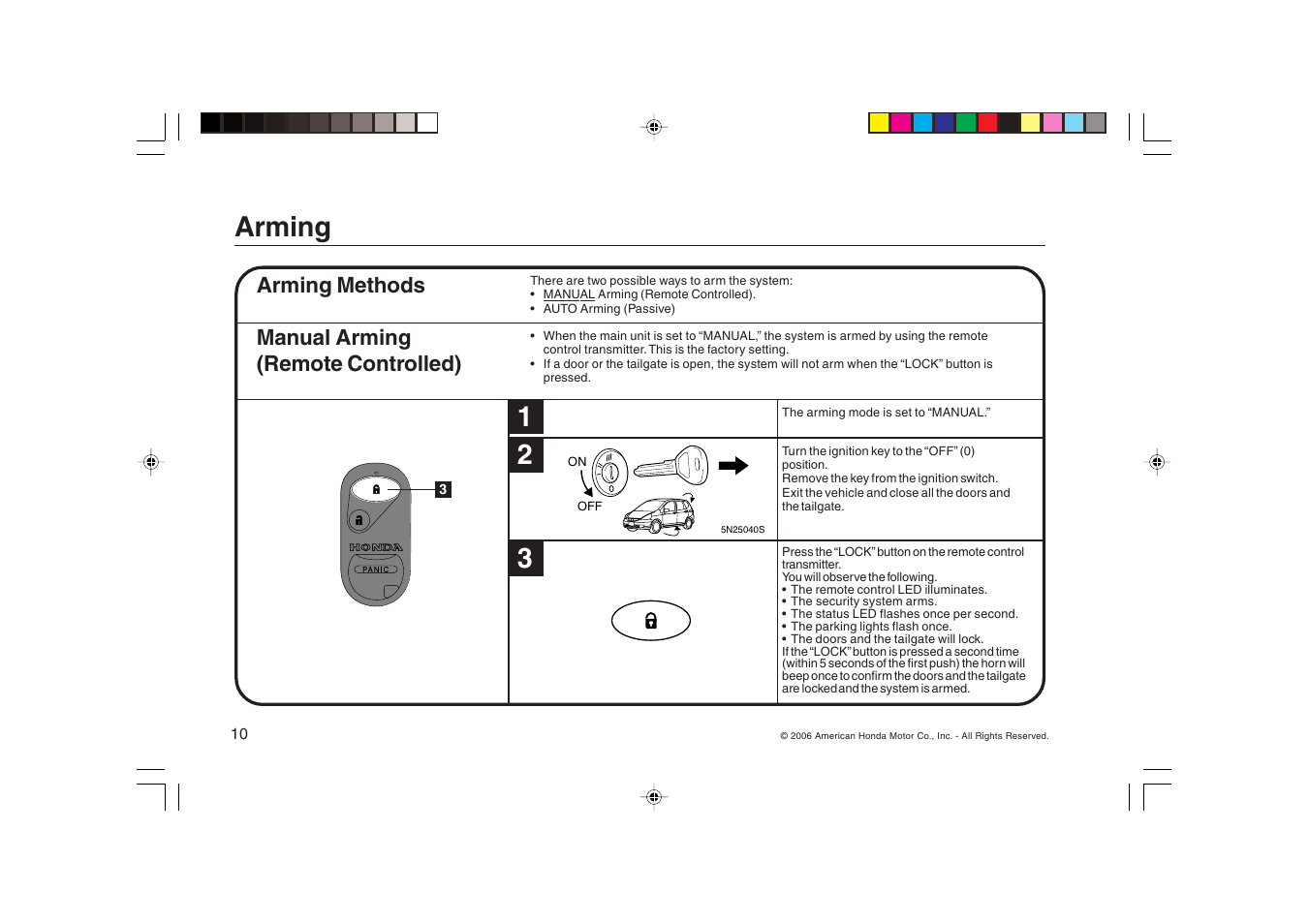 Arming, Arming methods, Manual arming (remote controlled) | HONDA Security System 2007 Fit User Manual | Page 10 / 24