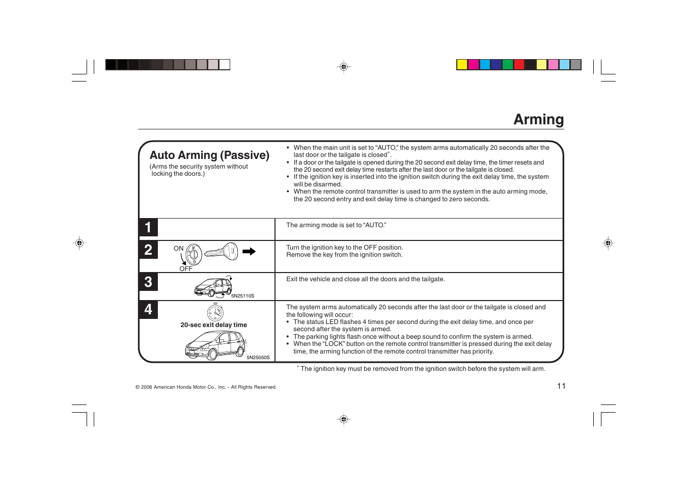 Arming, Auto arming (passive) | HONDA Security System 2007 Fit User Manual | Page 11 / 24
