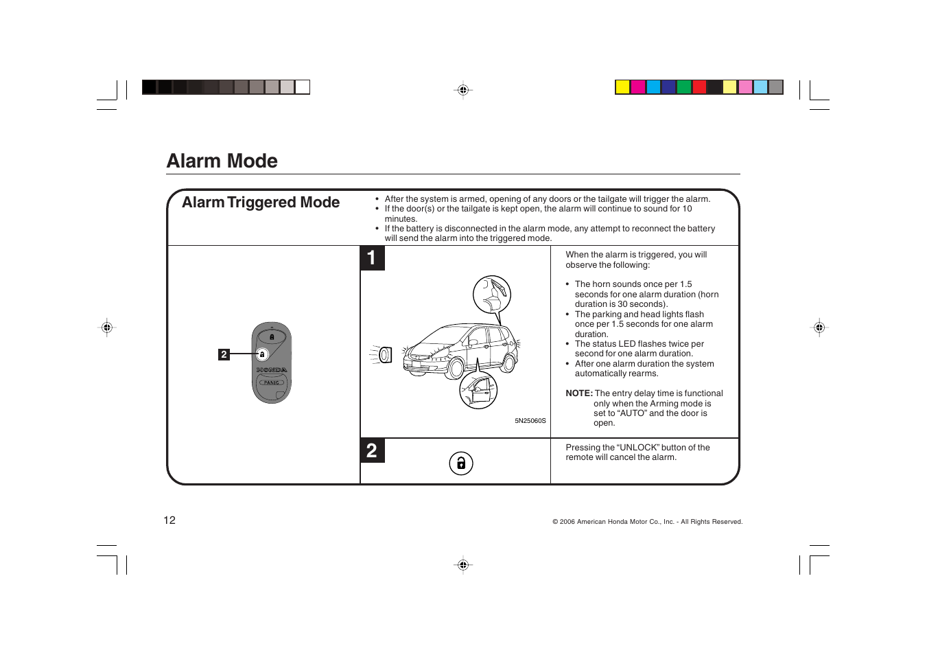 Alarm mode, Alarm triggered mode | HONDA Security System 2007 Fit User Manual | Page 12 / 24