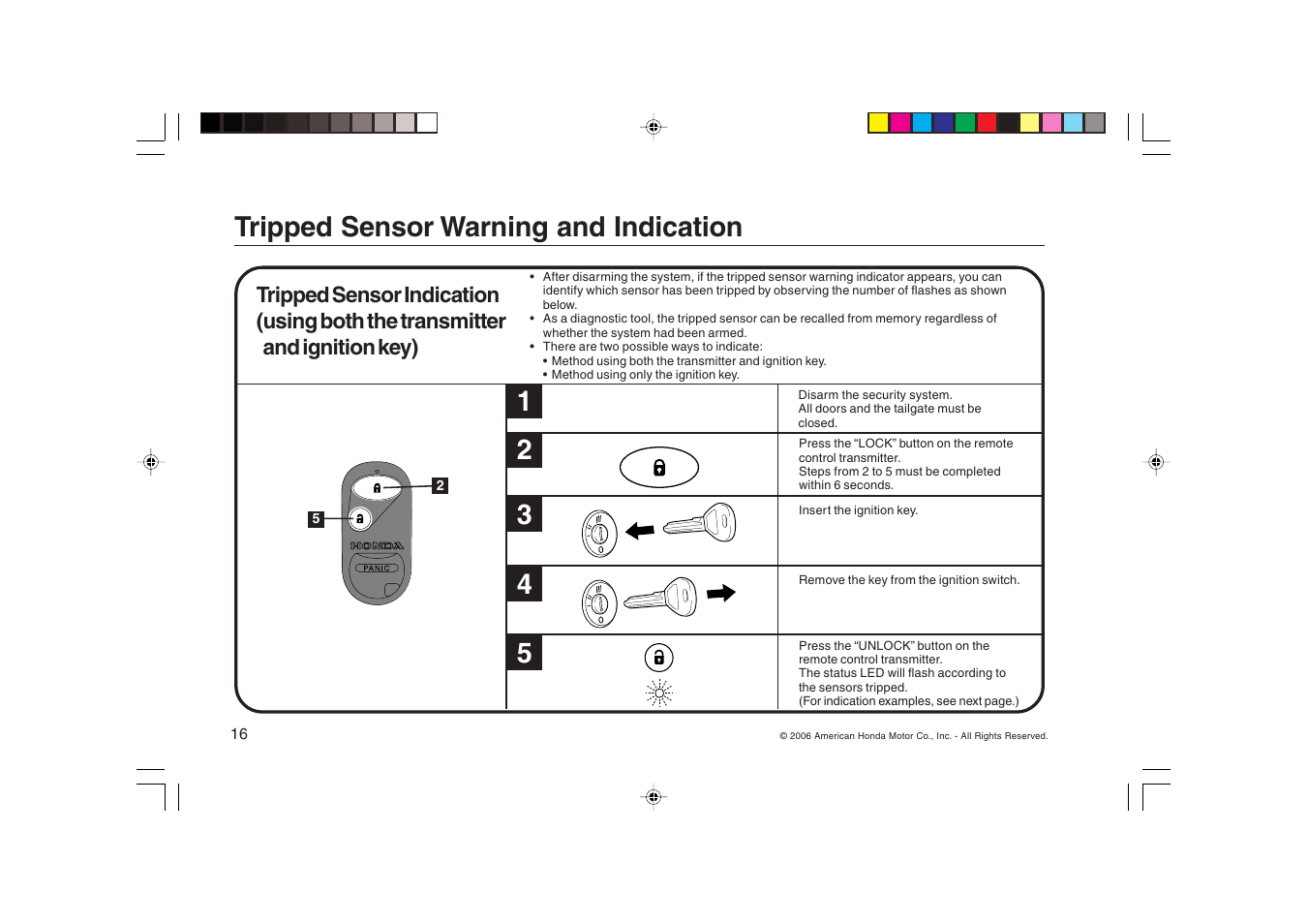 Tripped sensor warning and indication 1 | HONDA Security System 2007 Fit User Manual | Page 16 / 24