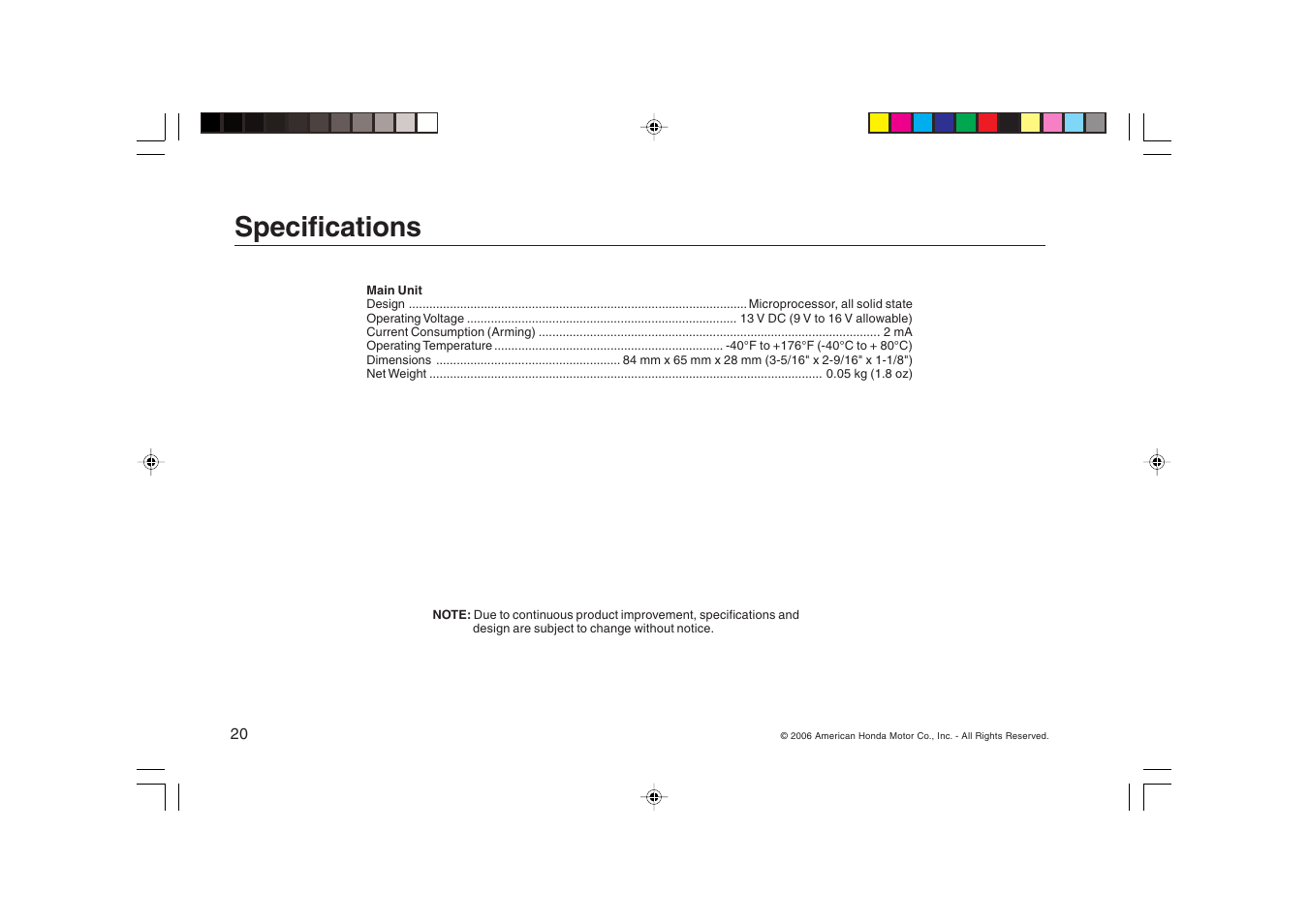 Specifications | HONDA Security System 2007 Fit User Manual | Page 20 / 24